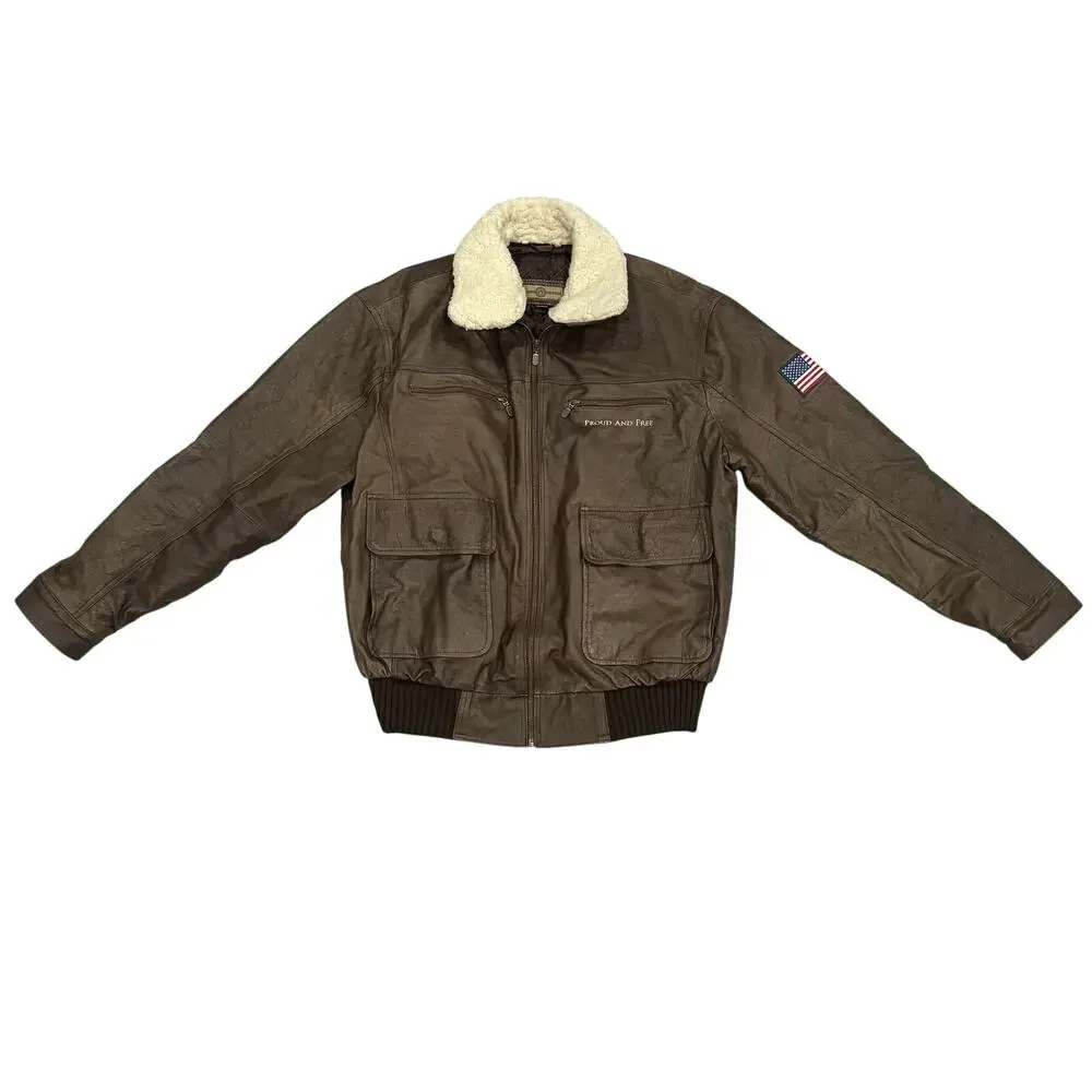 Bradford Exchange Leather Bomber Eagle Flag Embroidery Removable Collar M